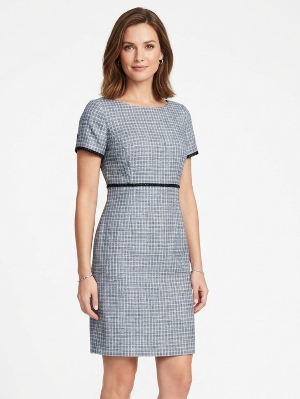 Black and White Checked Shift Dress with Contrast Trim